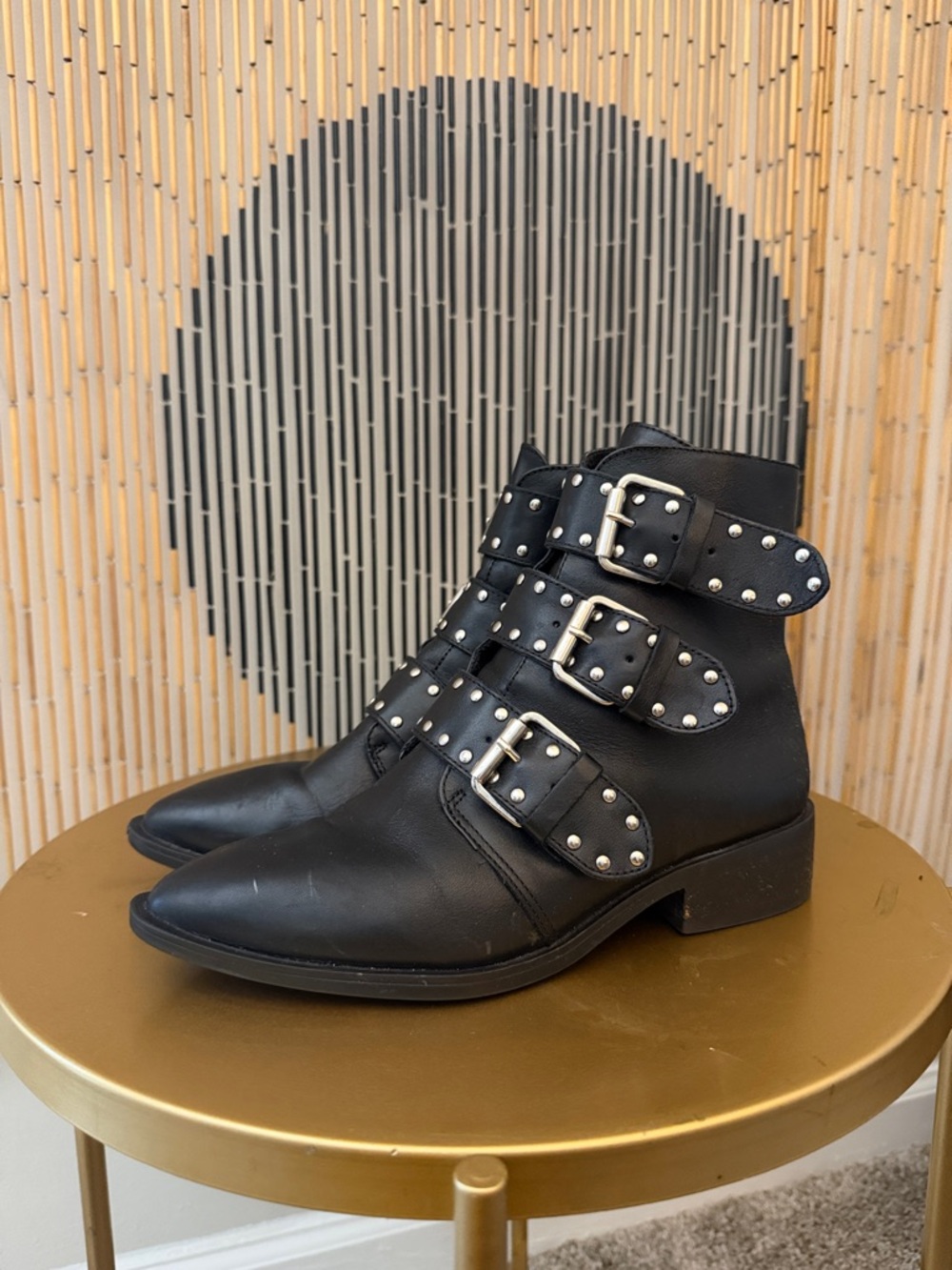 Steve Madden Black Leather Triple-Buckle Studded Ankle Boots